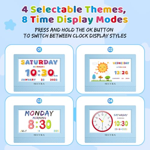 Secura TimeTact Reminder for Kids, 7" LED Talking Alarm Clock with Countdown Visual Timer, 17 Daily Reminders & 5 Custom Alarms Habit Reminder and Scheduler (Blue) by Secura - Image 6
