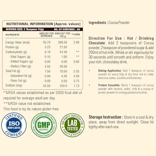 Image of Weoliv Unsweetened Cocoa Powder | Pure & Natural | Cocoa Powder for Cakes, Baking & Desserts | Hot Chocolate & Milkshakes | 1 kg