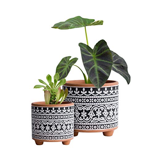 Set Of 2 Terracotta Planter Pots, 4.4 Inch & 6.4 Inch, Wave Pattern Plants Pot With Drainage Hole, Terracotta/Black, 31-953-F-2 #TOP6