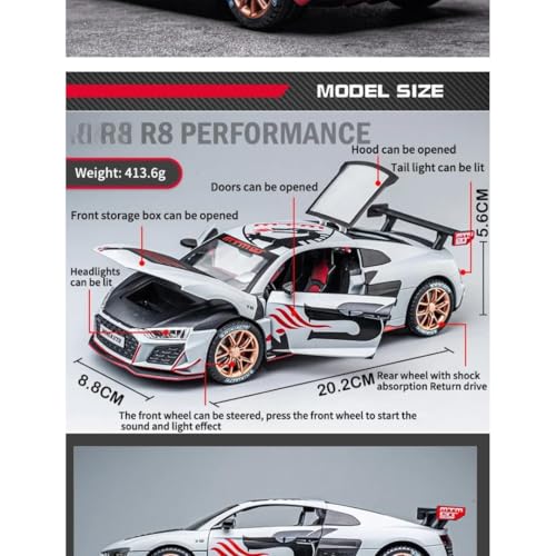Image of Aodi R8 MTM 1:24 Model Car with Box, Zinc Alloy Pull Back Toy car with Sound and Light for Kids Boy Girl Gift [Colors as Per Stock] (Audi R8 MTM)