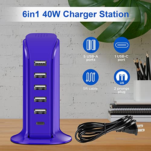 Image of iPhone Charger Fast Charging Upoy, Multi Device USB Charging Station, 6 Ports USB Blocks, Power Adapter 1 USB C + 5 USB A Ports, Kawaii Electronics Accessories, Essentials for Travel, Vacation, Home