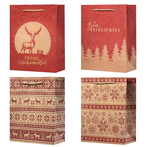 KOHMUI Geschenktüten Weihnachten, 12 Stück Weihnachtstüten mit Tragegriff, Geschenkverpackung Tüten aus Braun Kraftpapier, Rot Weihnachtstaschen zum Verpacken von Geschenken Cover