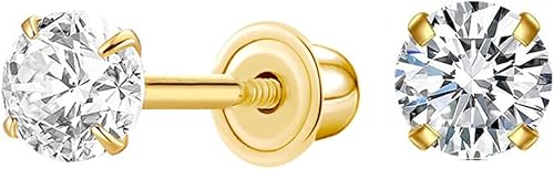 14K Gold Cubic Zirconia Stud Earrings, Dainty Round-Cut Sparkle with Secure Screw Backs, Elegant Everyday Jewelry in Assorted Sizes(Yellow Gold,4mm)