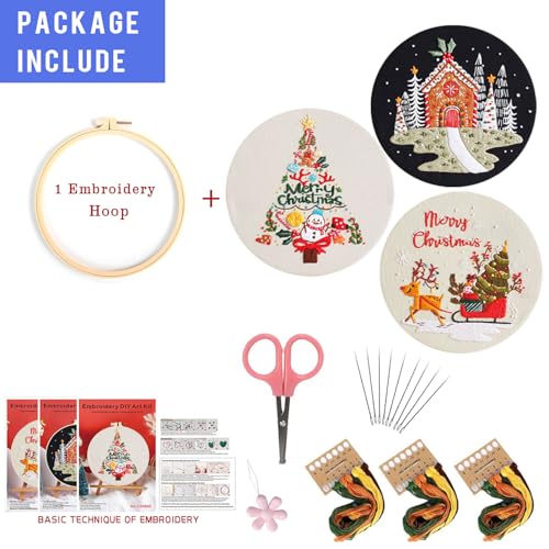 Image of LB Christmas Embroidery Kit for Beginners Adults, 3 Sets Hand Embroidery Starter Kit with Snowman Pattern and Instructions Stamped Cross Stitch Kits Include Embroidery Hoop Needles Threads Scissors