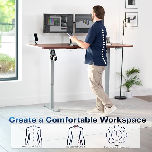 Image of VIVO Dark Walnut 71 x 36 in Standing Desk, DESK-KIT-1G7D-36 | Electric, Holds 220 lbs, Sit Stand, Height Adjustable, Extra Deep Table Top, Memory Presets, 1B Series, Gray Frame