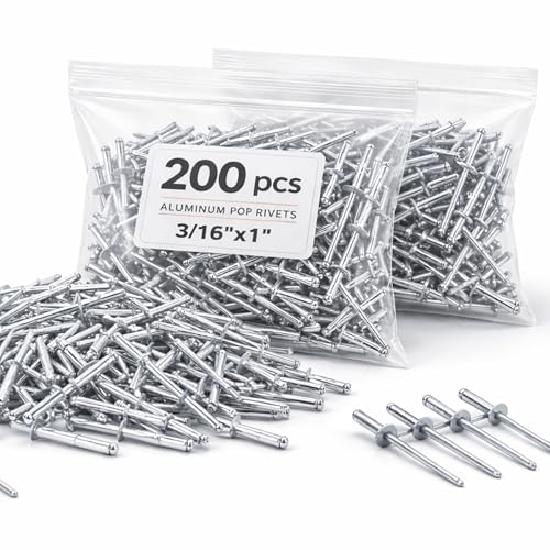 Image of 200PCS Large Flange Aluminum Pop Rivets 3 /16 inch x 1 inch Long Pop Rivets with Big Head Steel Mandrel Aluminum Boat Rivets Dome Body Blind Rivet Set for Sheet Steel Duct Work Marine
