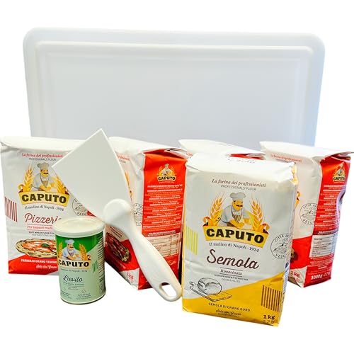 MIGASE Pizza-Set Gärbox mit Deckel 40×30×10 cm – 4×1 kg Caputo Pizzeria Mehl, 1×1 kg Semola, 100 g Caputo Lievito – inkl. Teigspachtel – stapelbar & kühlschrankgeeignet