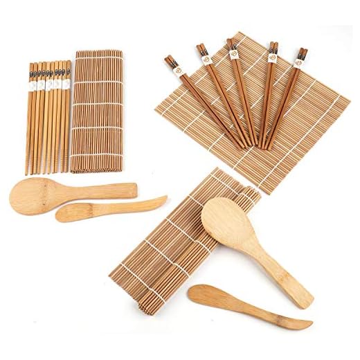 Lawei 2 pack Bamboo Sushi Making Kit - Includes 4 Bamboo Sushi Rolling Mats, 10 Pairs Chopsticks, 2 Rice Paddle, 2 Rice Spreader, 100% Bamboo Sushi Mats and Utensils