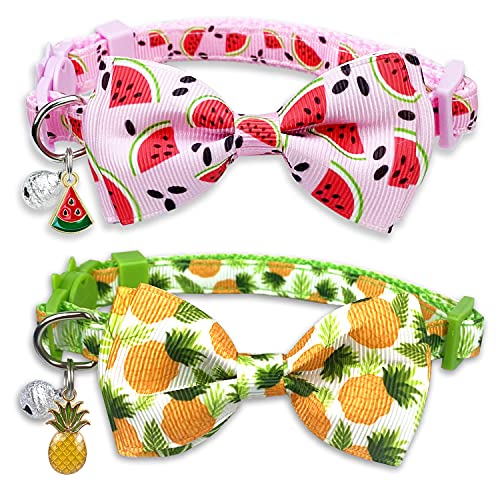 Pohshido Summer Cat Bow Tie Collar with Bell, 2 Pack Watermelon and Pineapple Collar for Kitty Kitten Boys and Girls