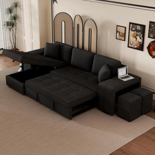 Image of Torque Juana 6 Seater L Shape Pull Out Sofa Bed with Storage LHS-Dark Grey | L Shaped Sofa Cum Beds | Sofa Bed with 2 Ottomans for Living Room Festival Gifts
