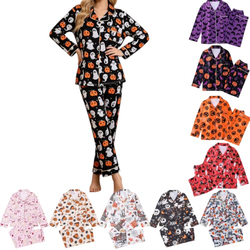 Halloween Pjs Women,Halloween Pajamas Women Cute Satin Ghost Pumpkin Print Button Pjs Sets *Black Small - image 1
