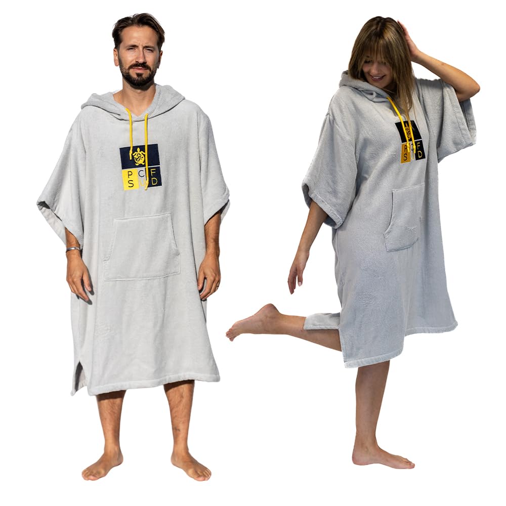 Poncho Surf Jasnoszary z rękawami - Jeden rozmiar - 100% Bawełna Premium - Wyprodukowano w Portugalii