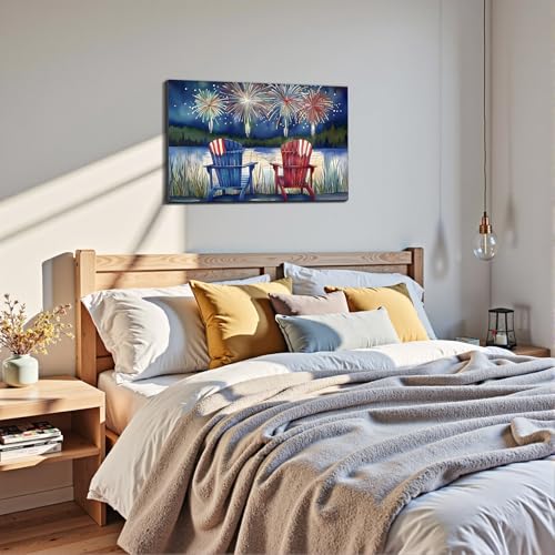 Image of Framed 4th of July Fireworks Adirondack Chair Wall Art, Patriotic Lake Canvas Art Pictures, USA Flag Wall Decor, Made in USA Ready to Hang for Living Room Porch