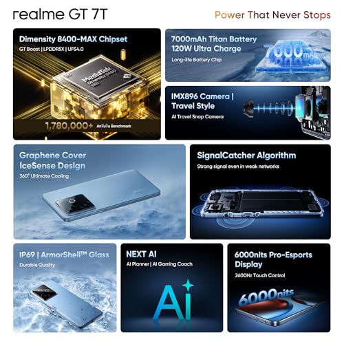 Image of realme GT 7T (IceSense Blue,12GB+256GB)| MediaTek D8400 MAX | Strongest Battery Combo 7000mAh + 120W | AI 4K 60FPS Travel Camera | 360 Cooling IceSense Design with Graphene | 6000 nits Display