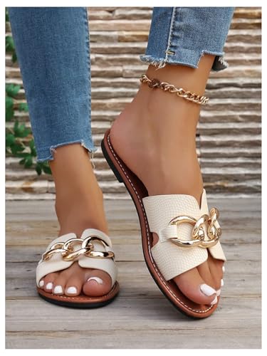 Verdusa Women's Open Toe Chain Flat Sandals Faux Leather Summer Slippers Slip on Slides3