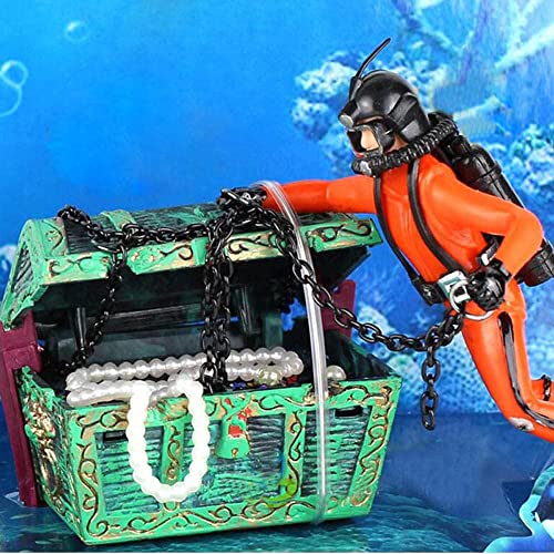 Underwater Treasure Chest Diver Air Bubbler for Fish Tank Decor - Orange Color