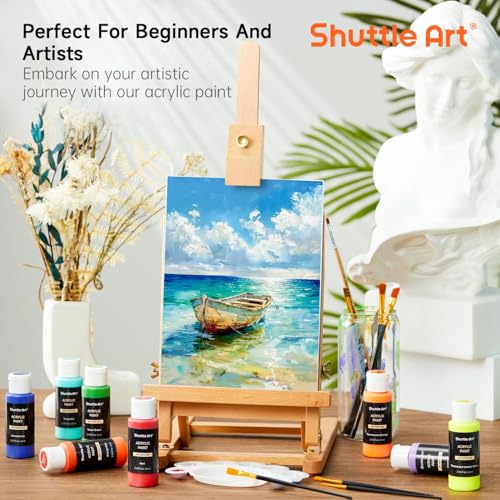 Image of 54 Colors Acrylic Paint, Shuttle Art Acrylic Paint set with 12 Paint Brushes, 2oz /60ml Bottles, Rich Pigmented, Water Proof, Premium Paints for Artists, Beginners and Kids on Canvas Rocks Wood Ceramic