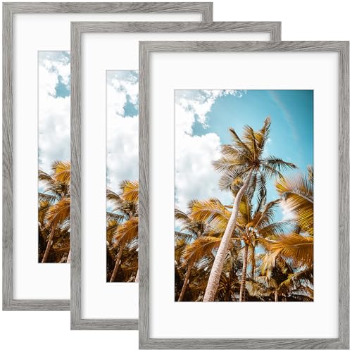 Image of Frametory, 16x24 Picture Frame with Mat for 12x18 Picture- - High Definition Glass Wide Molding - Preinstalled Wall Mounting Hardware (Gray, 3 Pack)
