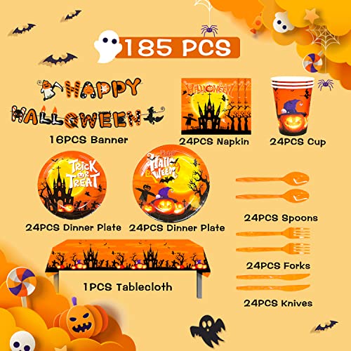 185 Pcs Halloween Party Supplies Tableware Set Includes Halloween Plates Cups Napkins Tablecloths Banner And Halloween Disposable Tableware Set For Kids Home & School,Serves 24 (Orange) #TOP5