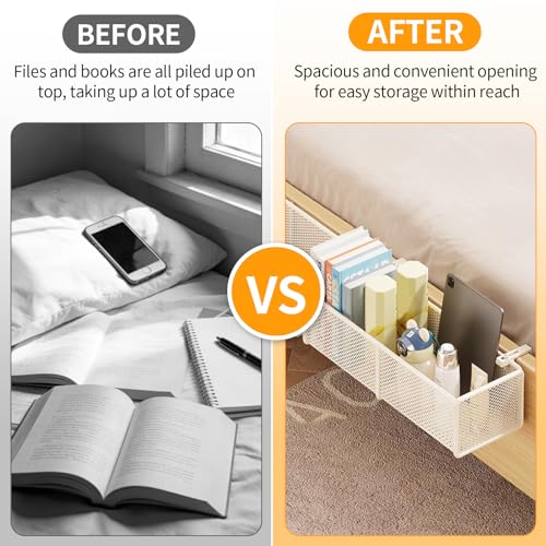 MHYMX Bett Organizer Metall Bettablage zum Einhängen mit 2 Abnehmbarer Haken Weiß Nachttisch zum Einhängen Ans Bett Multifunktionaler Babybett Organizer für Wohnheim Schlafzimmer
