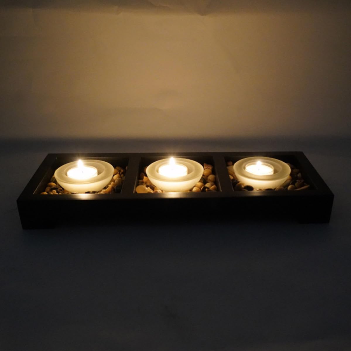 Portavelas de Vidrio Esmerilado para Té, Base de Madera Negra