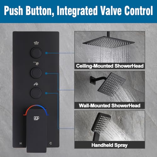 Juego de grifería para ducha en negro mate, sistema de ducha tipo lluvia para baño con cabezal de ducha de 12 pulgadas para montaje en techo y cabezal de ducha de 6 pulgadas para montaje en pared, incluye válvula y kit de acabados miniatura 5