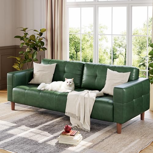 Image of GarveeHome 3-Seater Sofa Couch, 83 in Wide Faux Leather Sofa Couch with Spring Cushion, Modern Sofa with Deep Seats and 2 Removable Back Cushions, for Living Room, Bedroom, Apartment, Office, Green