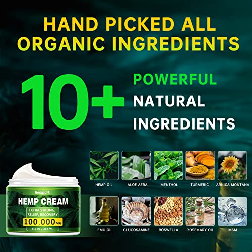Natural Hemp Cream For Muscles, Joints, Lower Back, Back, Knees, Neck, Fingers, Elbows- 8 Fl Oz - Arnica,Msm, Turmeric, Emu Oil, Menthol, Aloe #TOP2