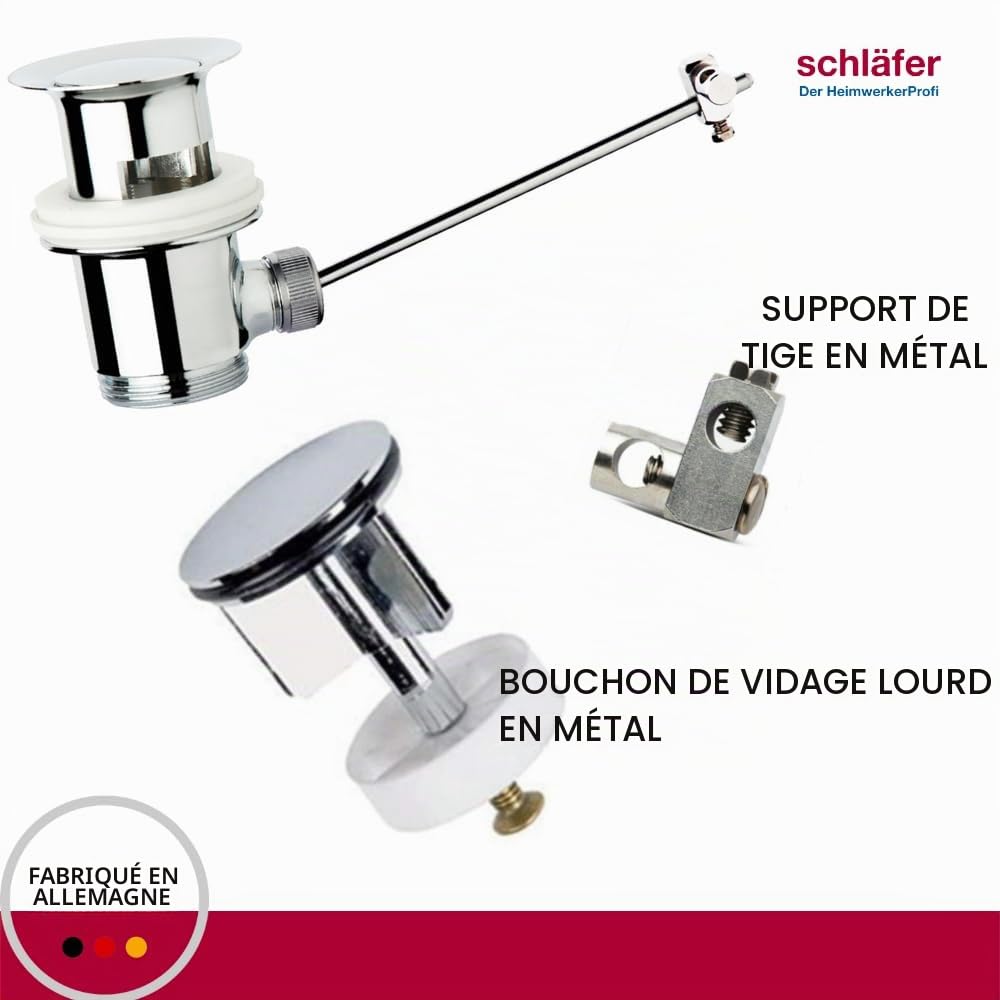 Schläfer 40510010 | Bonde lavabo universelle 1 1/4 avec tirette | Garniture de vidage en laiton chromé pour vasques avec trop-plein | Filtre anti-cheveux amovible | Montage sans outil rapide