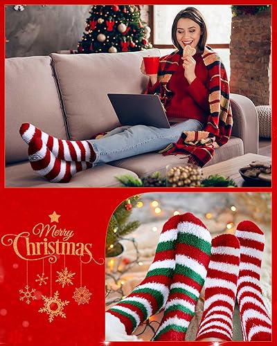 Hercicy 12 Pairs Christmas Fuzzy Socks for Women Striped Cozy Plush Slipper Socks Fluffy Socks Warm Soft Sleeping Socks for Winter Holiday Indoor Home4