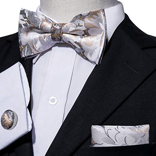 Image of Barry.Wang Paisley Striped Bow Tie for Men Silk Pre-Tied Bowtie Pocket Square Cufflinks Set Formal Wedding Party Prom