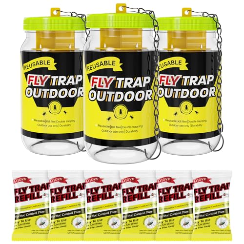 Reusable Fly Traps Outdoor Bottles 3 Pack Fly Killer Catcher Jar with 6 Natural Magnet Bait Refills Lure Flies Bug Insect Trap Control Outdoor Hanging for Outside Barns Stable Patio