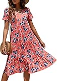 Berydress Floral Dress for Women Tiered Midi Dress Short Sleeve V-Neck Casual Summer Beach Sundress (M, 6175-Coral Floral)