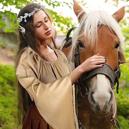 Image of 4 Pcs Women Elf Costume Renaissance Traditional Irish Dress Fairy Costume Elf Ear Cuffs for Women Halloween Cosplay Party