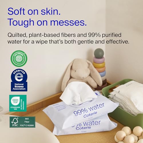 Image of Coterie Baby Wipes for Sensitive Skin, Plant-Based and Plastic-Free Fibers, 99% Water, Hypoallergenic, pH Balanced, Unscented, Clean and Gentle Baby Essentials, 4 Standard Packs & 8 Travel Size Packs