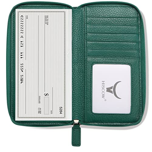 Image of HISCOW Leather Checkbook Cover, Zippered Wallet, Pebbled Green | Full grain cowhide, 5cc & ID window, personal check book & register pockets, removable duplicate divider, women secure zipper