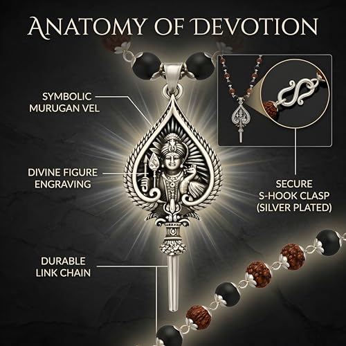 Image of Gratify Rudraksha Karungali Mala 8mm 54 Beads with Lord Murugan Vel Pendant | Natural Ebony Wood Spiritual Necklace for Meditation, Protection, Focus & Positive Energy | Unisex Mala