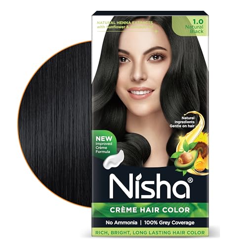 Image of Nisha Creme Hair Color Cream Natural Black 1.0, 120g, Long Lasting Hair Dye for Grey Coverage, Rich Color & Natural Shine, For Men & Women, Pack of 1