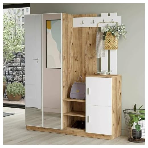 Dispositivi Alexa Dmora Mobile da Ingresso Borealis, Entratina Appendiabiti, Composizione per atrio, Consolle portaoggetti Multifunzione, 147x38h180 cm, Quercia e Bianco