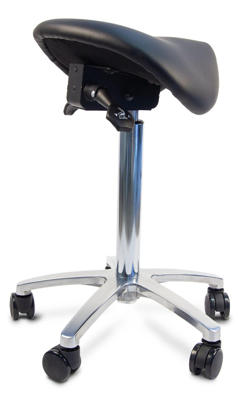 Ergolutions® Ergonomischer Sattelhocker - Belastbar bis 150kg, Bis 86cm Höhe, Rollhocker mit Federung, Veganer Lederbezug, Therapiehocker, drehbare Universalrollen, Schwarz