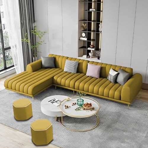 Image of Casaliving Herrick LHS 6 Seater L Shape Sofa SetWith 2 Puffy for Living Room (Yellow) Premium Velvet Fabric Sofa