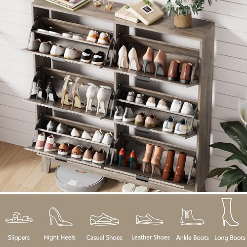 Image of HUANLEGO Shoe Cabinet Storage for Entryway with 6 Flip Drawers, Fluted Narrow Shoe Organizer with Wooden Legs, Freestanding Slim Shoe Storage Hidden Shoe Rack Organizer for Front Door Entrance, Grey