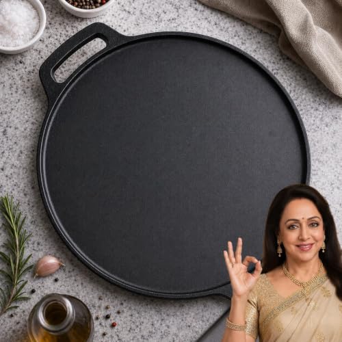 Image of Solimo Cast Iron dosa tawa Pre-Seasoned Cast Iron Dosa Tawa 30 cm | Heavy Roti /Chapati Tawa for Gas & Induction | Chemical-Free, Naturally Non-Stick Pan with Wooden Spatula (Flat Tawa)