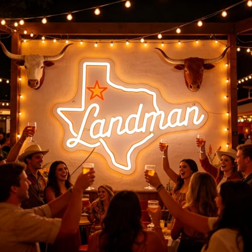 Image of Texas Neon Sign,Landman Mrech | Texas State Outline with Star & Script Lettering, 15.7 inchx11.8 inch Yellow LED Wall Light for Man Cave, Bar, Office, USB Powered
