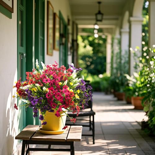 Image of Grunyia 20 Bundles Artificial Flowers Outdoor No Fade UV Resistant Fake Plastic Flowers Faux Plants for Garden Patio Porch Window Box Home Wedding Farmhouse Hanging Decor