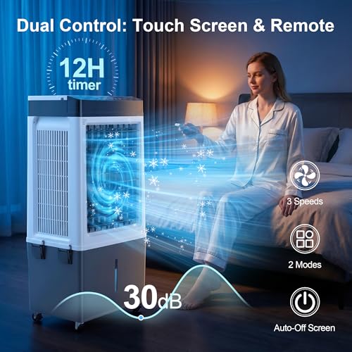 Image of Uthfy 3200CFM Swamp Cooler, 40 inch Evaporative Air Cooler with 8Gal Detachable Water Tank, 120 Oscillation, Remote, 12H Timer, 3 Speeds, Portable Cooling Fan for Home, Garage, Patio, Workshop