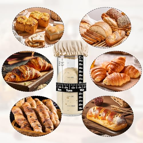 Kuvarix Sauerteig Starter Set, 730ml Sauerteig Glas, Brot Backen Zubehör mit Aluminiumdeckel Gärtuch Temperaturband Etikett Silikonspatel Datum Markiert Fermentierglas für Einsteiger & Zuhause backen