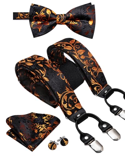 Image of Dubulle Suspender and Bow Tie for Men Paisley Solid Mens Suit Braces Pretied Bowtie and Handkerchief Cufflinks Formal Wedding