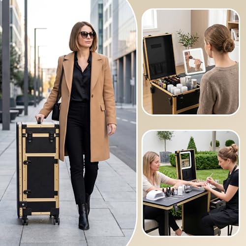 Image of Portable Manicure Table with 3 Drawers, Rolling Foldable Nail Desk with Detachable Mirror, Professional Makeup Train Case with Wheels and TSA Lock for Nail Techs & Salon Use