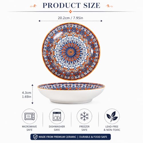 Image of Ceramic Serving Plate, Decorative Mandala Design Pasta & Salad Plates, Deep Dinner Plate for Snacks, Fruits, Soup & Serving, Blue Orange Patterned Kitchen Tableware (Mandala PATTERN, PACK OF 2)